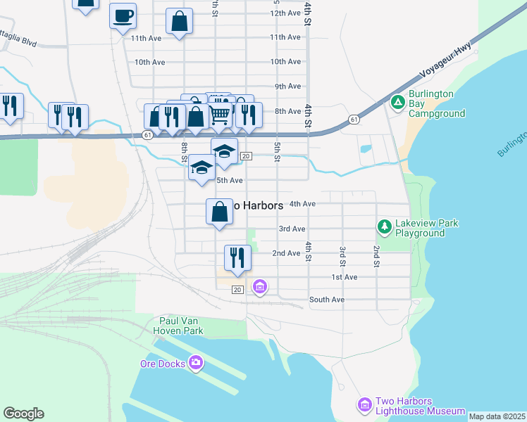 map of restaurants, bars, coffee shops, grocery stores, and more near 507 3rd Avenue in Two Harbors