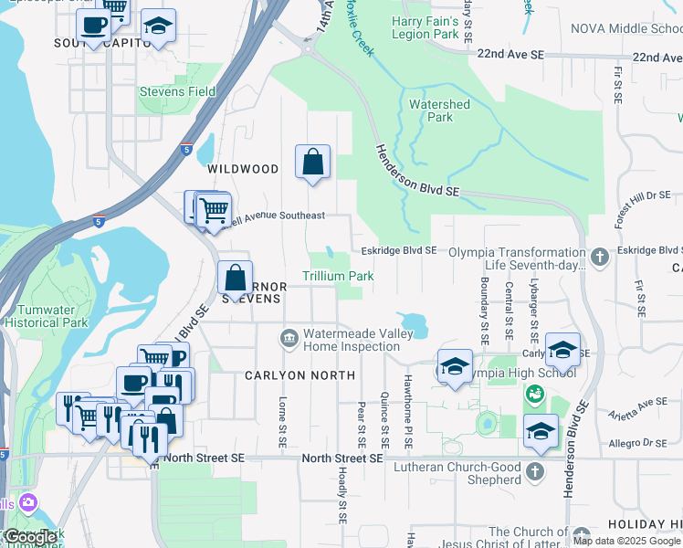 map of restaurants, bars, coffee shops, grocery stores, and more near 900 Governor Stevens Avenue Southeast in Olympia