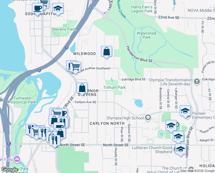 map of restaurants, bars, coffee shops, grocery stores, and more near 819 Governor Stevens Avenue Southeast in Olympia