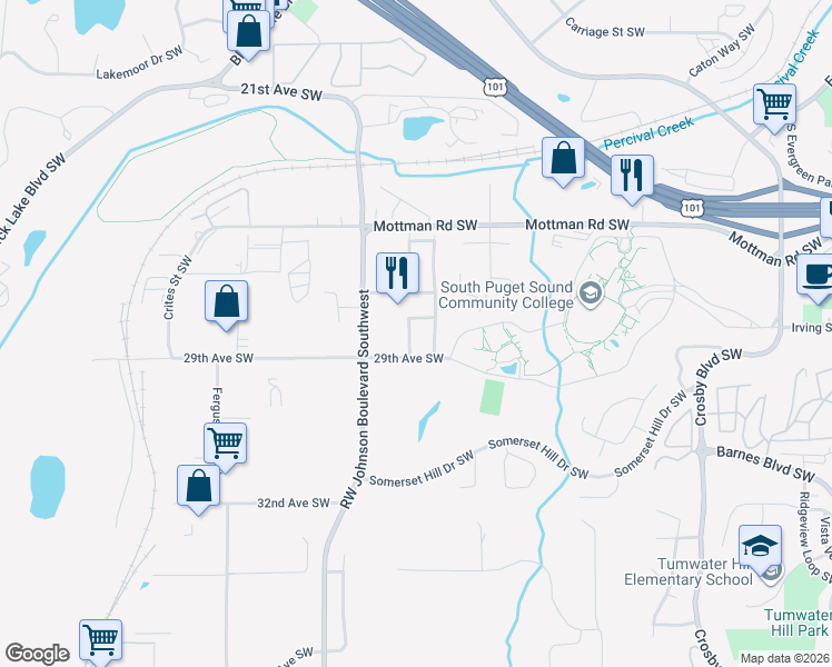 map of restaurants, bars, coffee shops, grocery stores, and more near 2722 29th Avenue Southwest in Tumwater