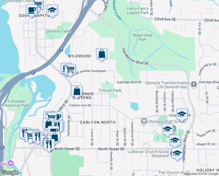 map of restaurants, bars, coffee shops, grocery stores, and more near 900 Governor Stevens Avenue Southeast in Olympia