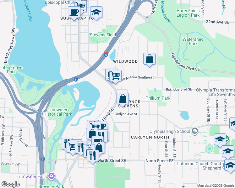 map of restaurants, bars, coffee shops, grocery stores, and more near 518 Eskridge Way Southeast in Olympia