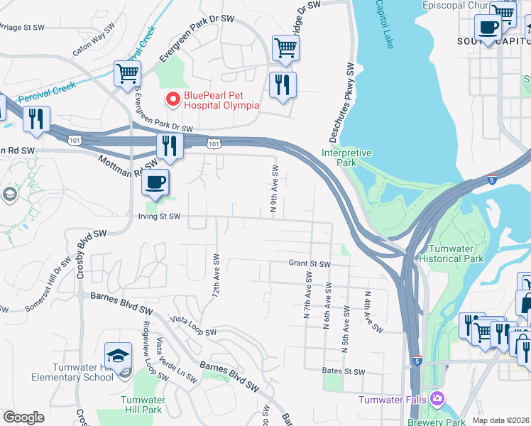map of restaurants, bars, coffee shops, grocery stores, and more near 1015 North 9th Avenue Southwest in Tumwater