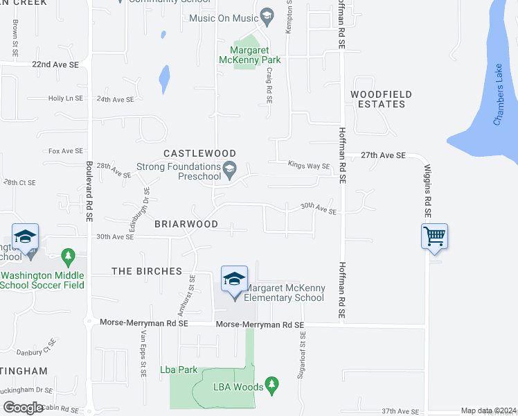 map of restaurants, bars, coffee shops, grocery stores, and more near 3401 Bittersweet Street Southeast in Olympia