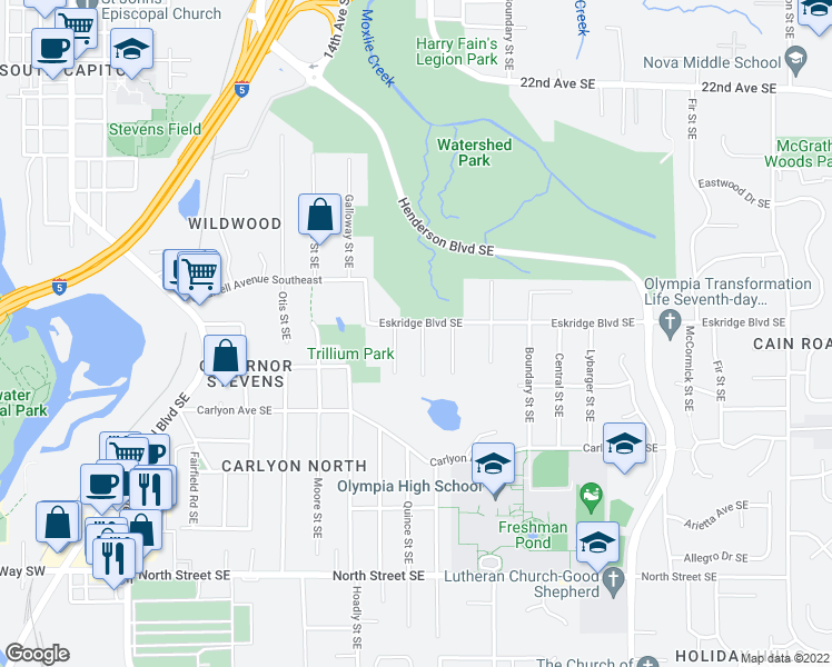 map of restaurants, bars, coffee shops, grocery stores, and more near 2905 Hawthorne Place Southeast in Olympia