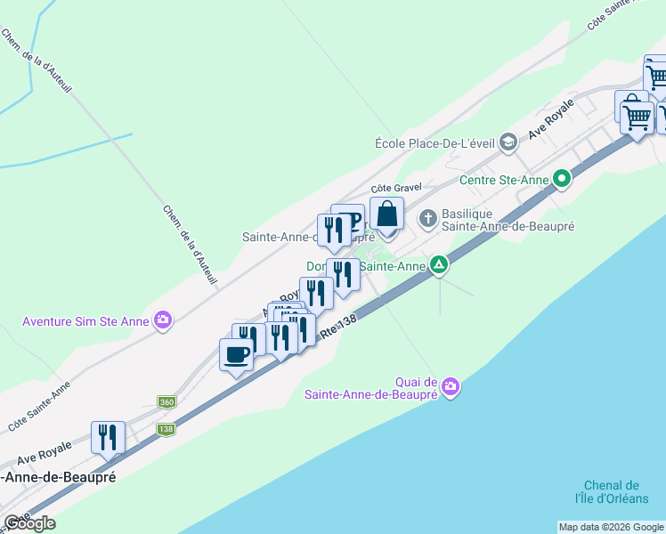 map of restaurants, bars, coffee shops, grocery stores, and more near 9898 Avenue Royale in Sainte-Anne-de-Beaupré