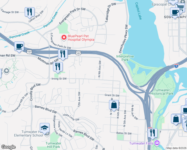 map of restaurants, bars, coffee shops, grocery stores, and more near 920 Irving Street Southwest in Tumwater
