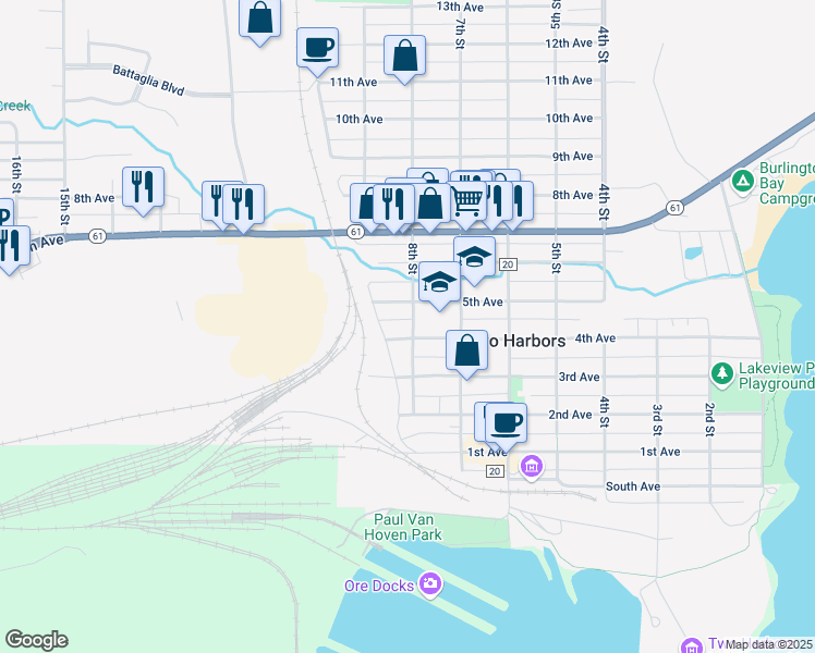 map of restaurants, bars, coffee shops, grocery stores, and more near 812 5th Avenue in Two Harbors