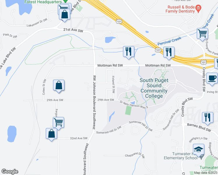 map of restaurants, bars, coffee shops, grocery stores, and more near 2720 28th Avenue Southwest in Tumwater