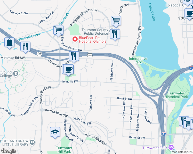 map of restaurants, bars, coffee shops, grocery stores, and more near 1106 Irving Street Southwest in Tumwater