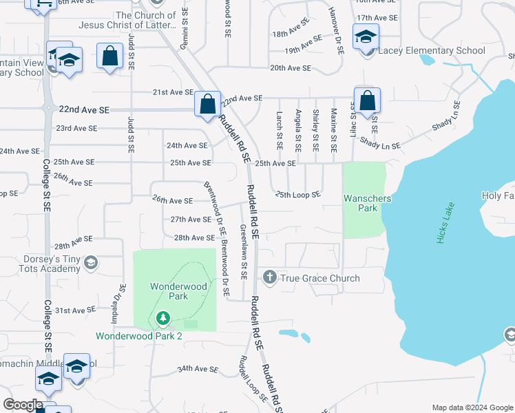 map of restaurants, bars, coffee shops, grocery stores, and more near 2700 Ruddell Road Southeast in Lacey