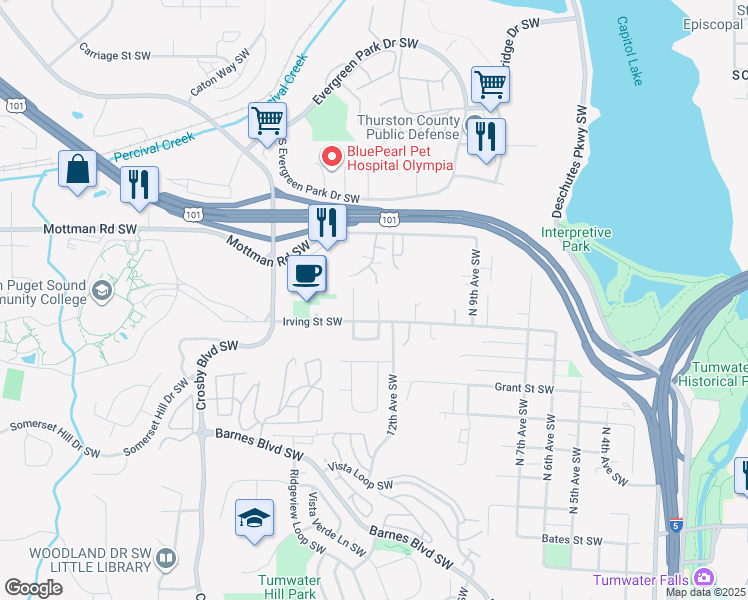 map of restaurants, bars, coffee shops, grocery stores, and more near 1218 Irving Street Southwest in Tumwater