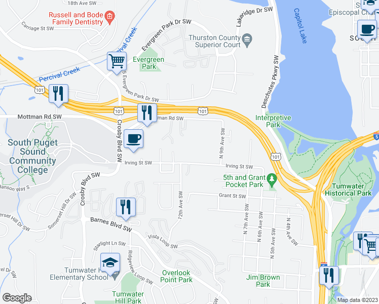 map of restaurants, bars, coffee shops, grocery stores, and more near 1106 Irving Street Southwest in Tumwater