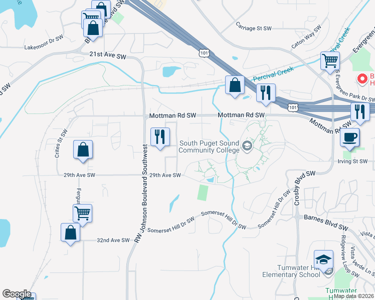 map of restaurants, bars, coffee shops, grocery stores, and more near 2701 27th Avenue Southwest in Tumwater