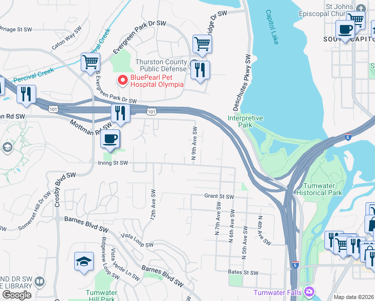 map of restaurants, bars, coffee shops, grocery stores, and more near 1015 N 9th Avenue Southwest in Tumwater