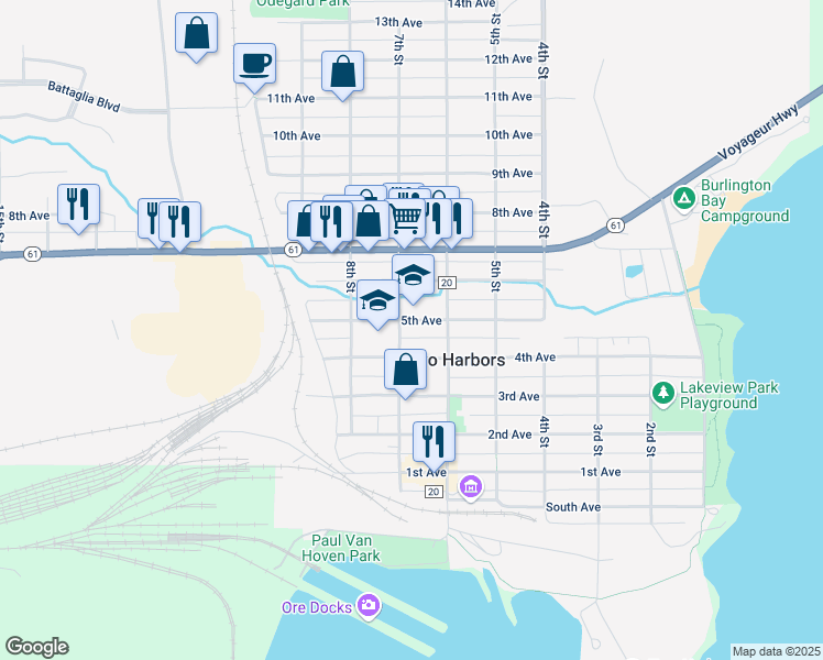 map of restaurants, bars, coffee shops, grocery stores, and more near 624 5th Avenue in Two Harbors