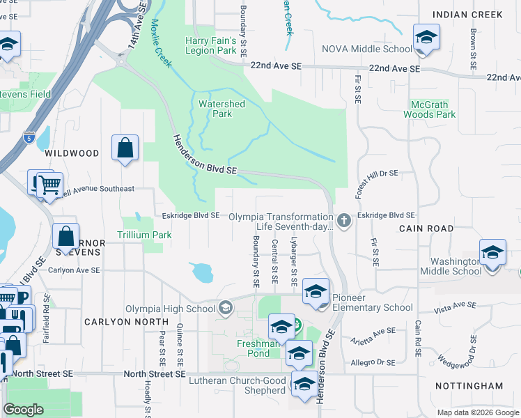map of restaurants, bars, coffee shops, grocery stores, and more near 1406 Eskridge Boulevard Southeast in Olympia