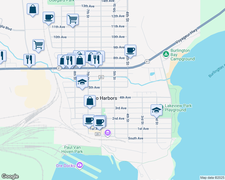 map of restaurants, bars, coffee shops, grocery stores, and more near 502 5th Avenue in Two Harbors