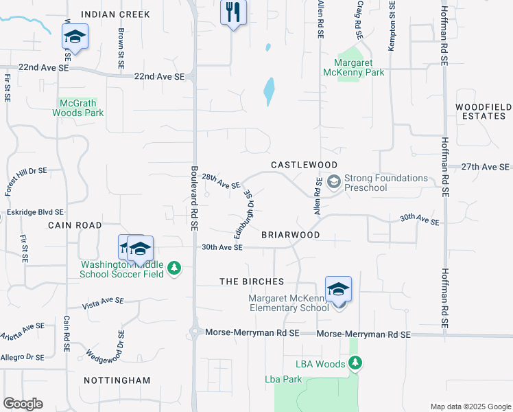 map of restaurants, bars, coffee shops, grocery stores, and more near 2817 Edinburgh Drive Southeast in Olympia