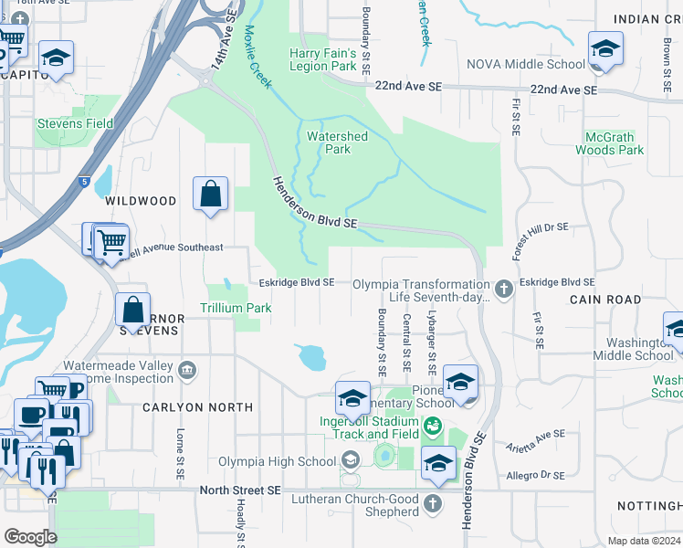 map of restaurants, bars, coffee shops, grocery stores, and more near 2831 Orange Street Southeast in Olympia