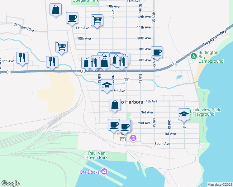 map of restaurants, bars, coffee shops, grocery stores, and more near 624 5th Avenue in Two Harbors