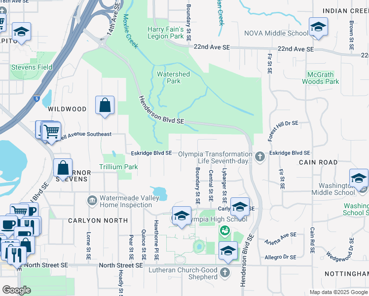 map of restaurants, bars, coffee shops, grocery stores, and more near 1304 Eskridge Boulevard Southeast in Olympia