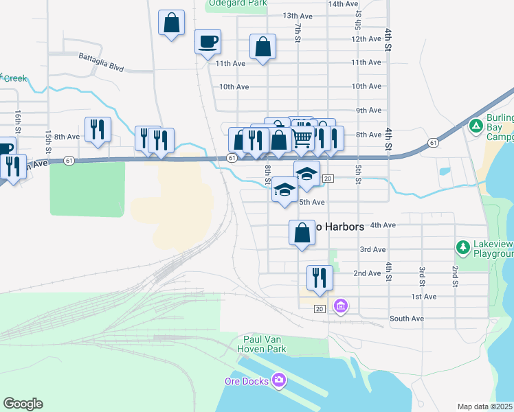 map of restaurants, bars, coffee shops, grocery stores, and more near 812 5th Avenue in Two Harbors