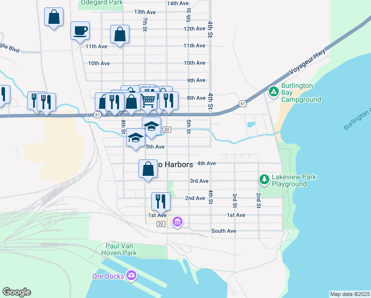 map of restaurants, bars, coffee shops, grocery stores, and more near 502 5th Avenue in Two Harbors