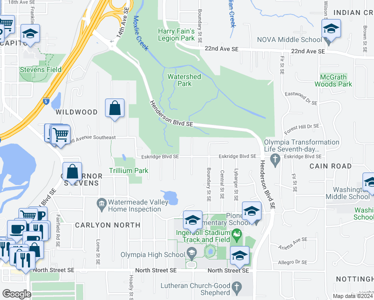 map of restaurants, bars, coffee shops, grocery stores, and more near 2831 Orange Street Southeast in Olympia