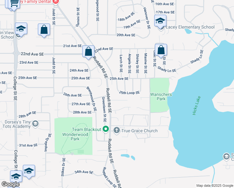 map of restaurants, bars, coffee shops, grocery stores, and more near 2525 25th Loop Southeast in Olympia