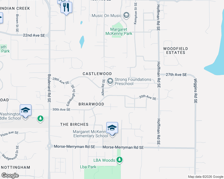 map of restaurants, bars, coffee shops, grocery stores, and more near 3344 30th Avenue Southeast in Olympia