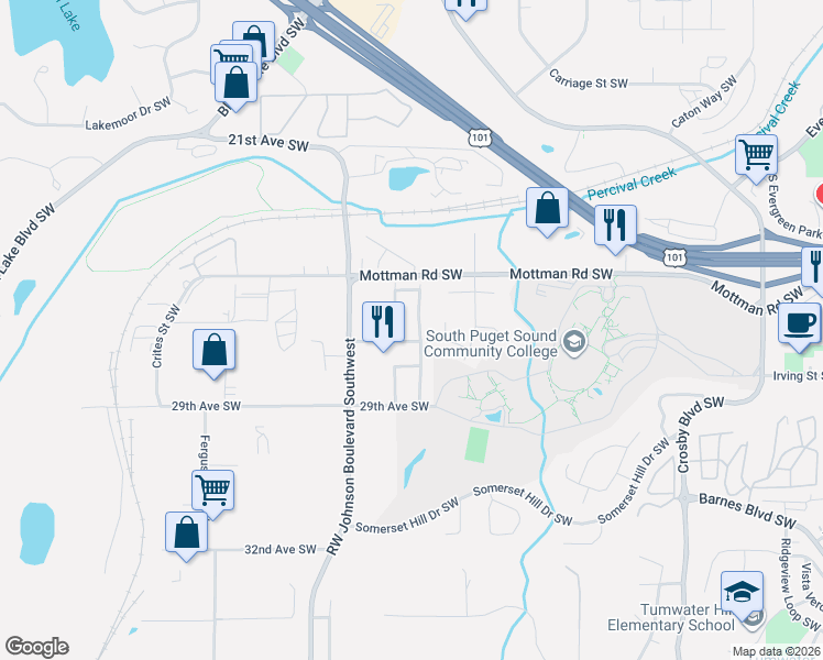 map of restaurants, bars, coffee shops, grocery stores, and more near 2703 27th Avenue Southwest in Tumwater