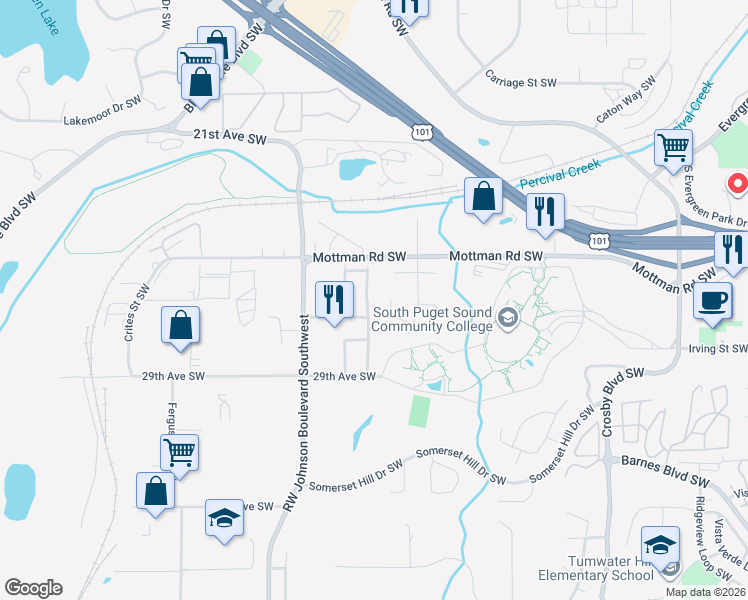 map of restaurants, bars, coffee shops, grocery stores, and more near 2701 27th Avenue Southwest in Tumwater