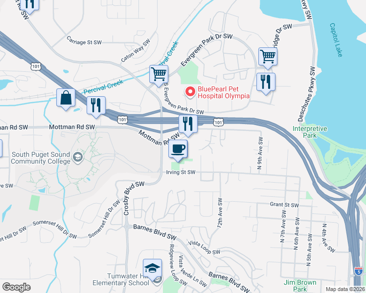 map of restaurants, bars, coffee shops, grocery stores, and more near 1520 Irving Street Southwest in Tumwater