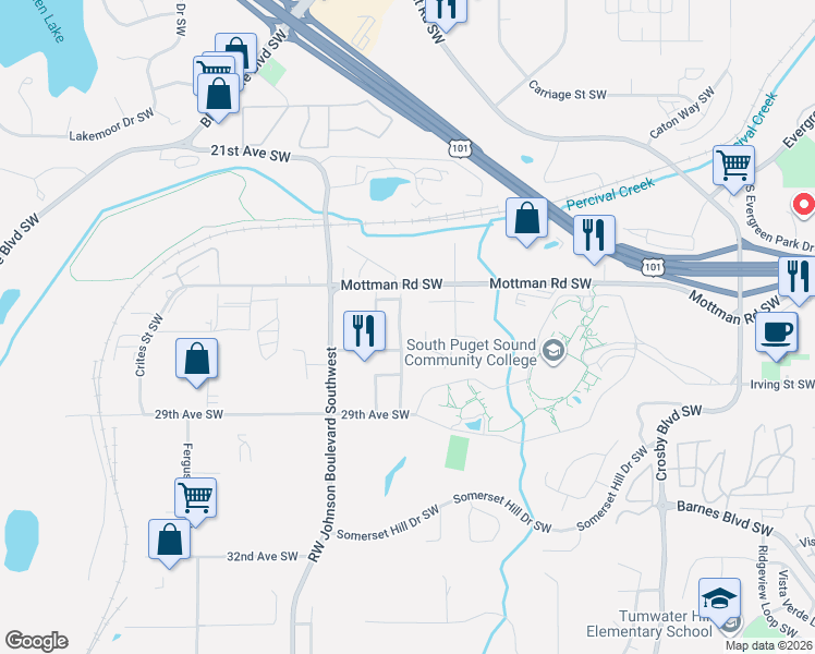map of restaurants, bars, coffee shops, grocery stores, and more near 2701 27th Avenue Southwest in Tumwater