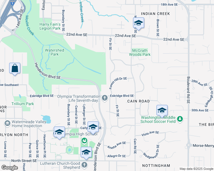 map of restaurants, bars, coffee shops, grocery stores, and more near 2717 Fir Street Southeast in Olympia