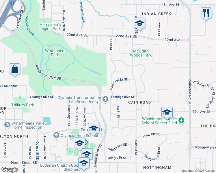 map of restaurants, bars, coffee shops, grocery stores, and more near 2717 Fir Street Southeast in Olympia