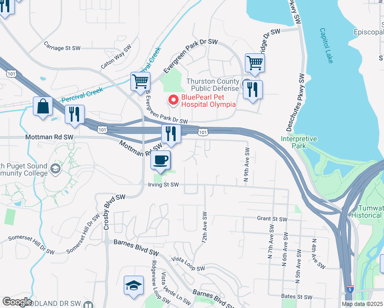 map of restaurants, bars, coffee shops, grocery stores, and more near 1625 Mottman Road Southwest in Tumwater