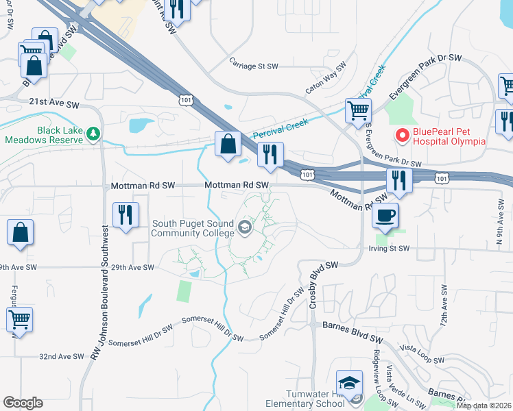 map of restaurants, bars, coffee shops, grocery stores, and more near 2250 Doctor Nels Hanson Way North in Olympia
