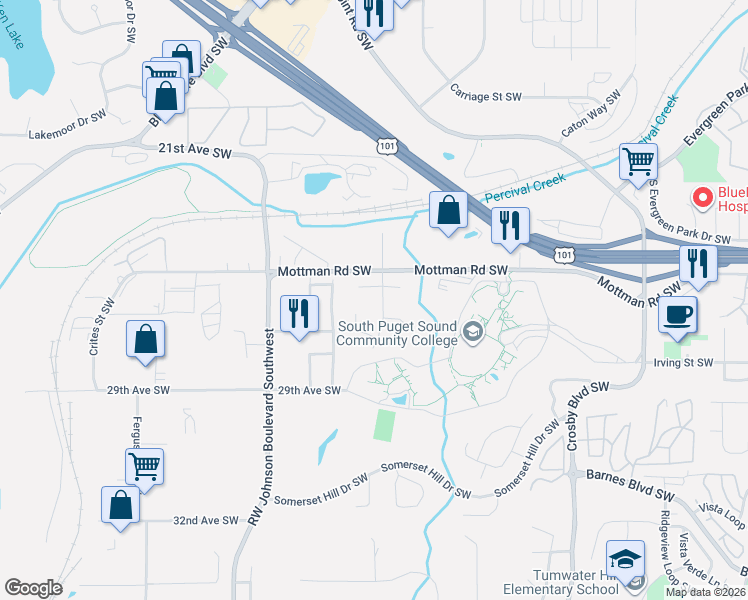 map of restaurants, bars, coffee shops, grocery stores, and more near 2504 Monterey Street Southwest in Olympia