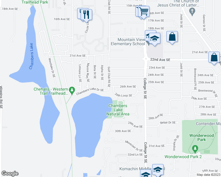 map of restaurants, bars, coffee shops, grocery stores, and more near 2409 Golf Club Road Southeast in Lacey