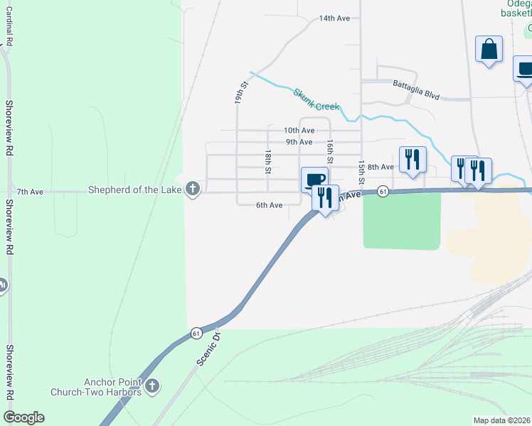 map of restaurants, bars, coffee shops, grocery stores, and more near 1722 6th Avenue in Two Harbors