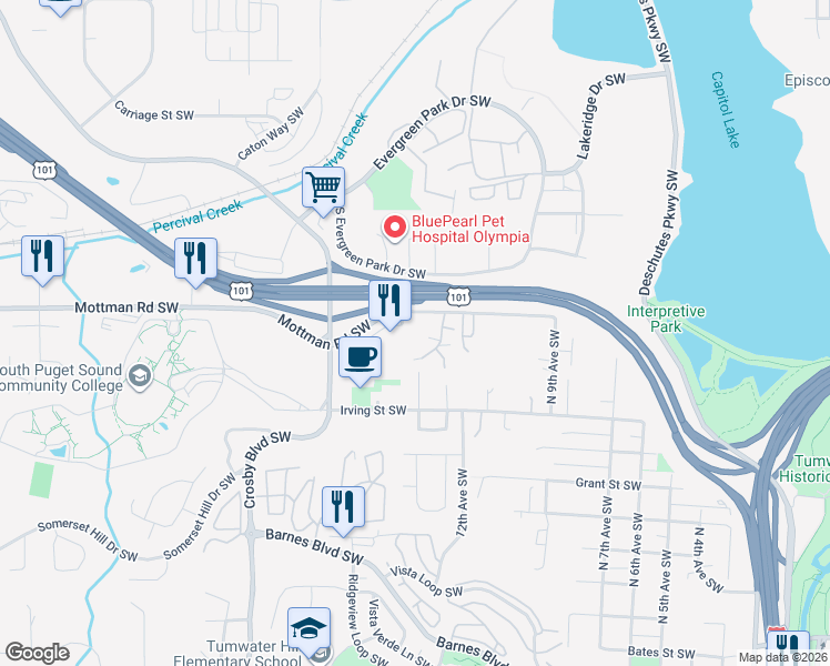 map of restaurants, bars, coffee shops, grocery stores, and more near 1625 Mottman Road Southwest in Tumwater