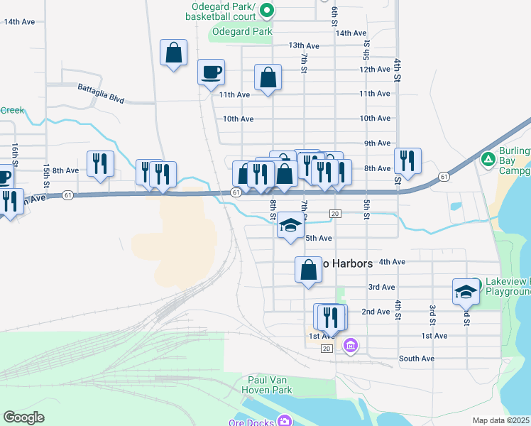 map of restaurants, bars, coffee shops, grocery stores, and more near 835 6th Avenue in Two Harbors