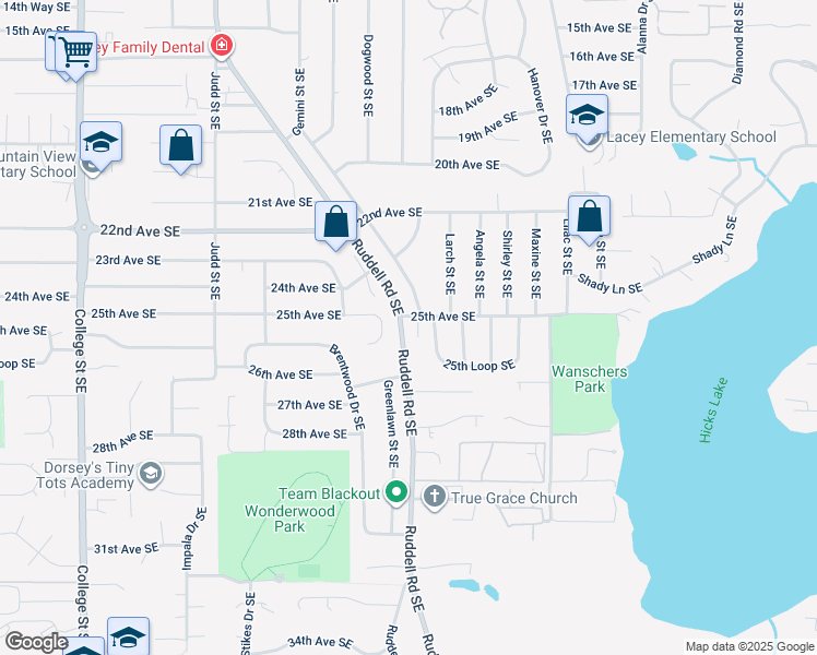 map of restaurants, bars, coffee shops, grocery stores, and more near 2504 25th Court Southeast in Olympia