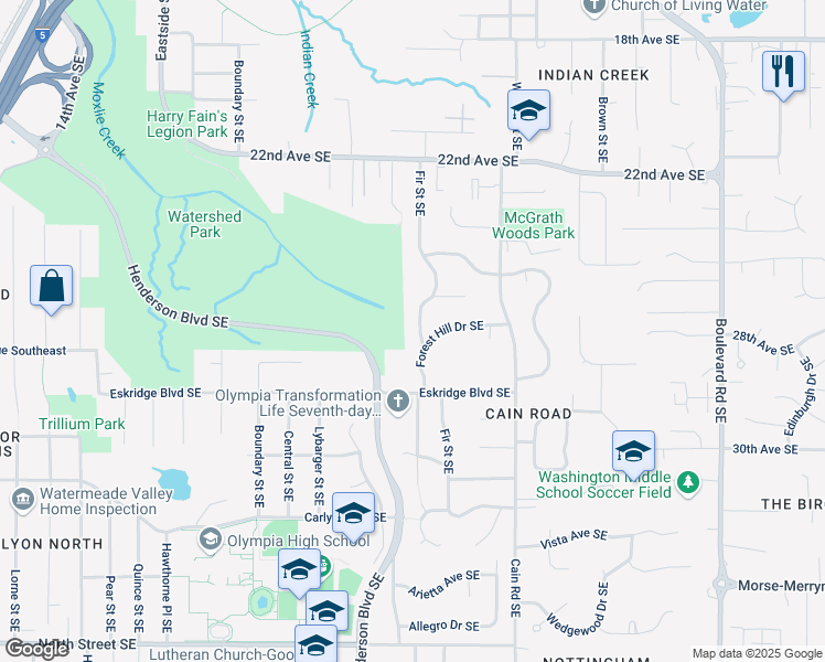 map of restaurants, bars, coffee shops, grocery stores, and more near 2717 Fir Street Southeast in Olympia