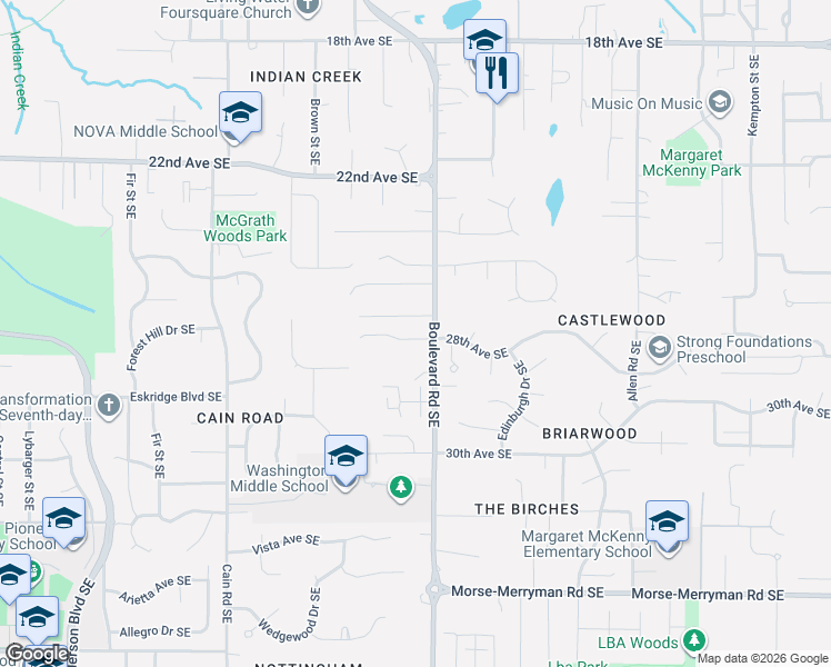 map of restaurants, bars, coffee shops, grocery stores, and more near 2512 28th Avenue Southeast in Olympia