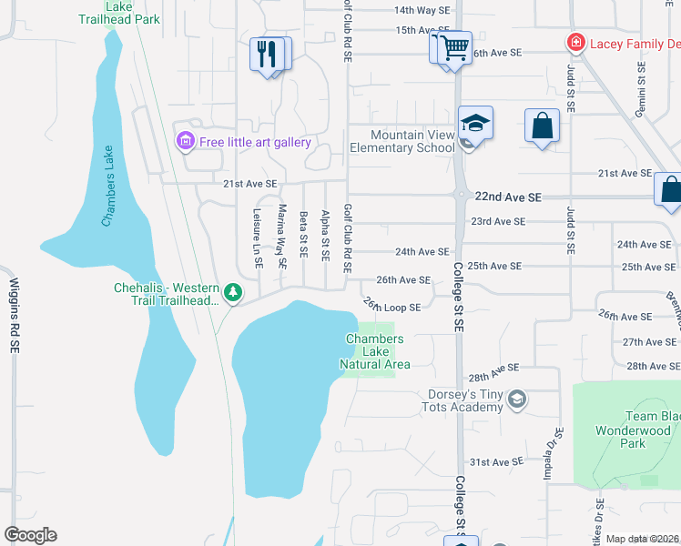 map of restaurants, bars, coffee shops, grocery stores, and more near 2409 Golf Club Road Southeast in Lacey