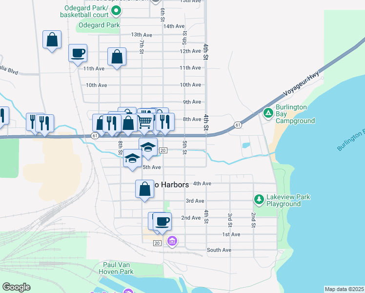 map of restaurants, bars, coffee shops, grocery stores, and more near 601 5th Street in Two Harbors