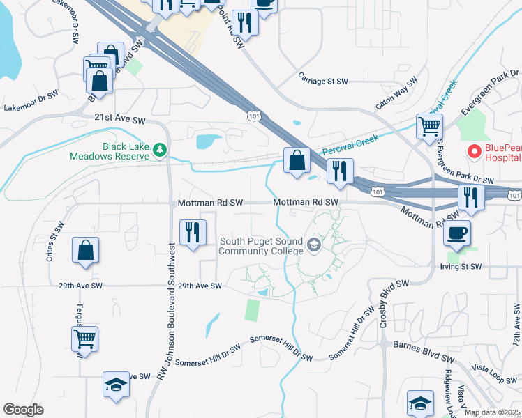 map of restaurants, bars, coffee shops, grocery stores, and more near 2504 Monterey Street Southwest in Olympia